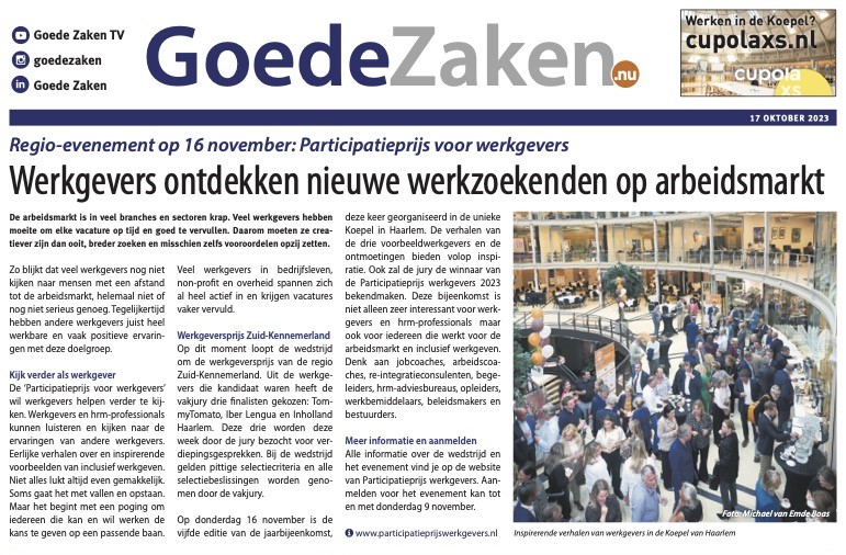 Participatieprijs werkgevers 2023 in Goede Zaken