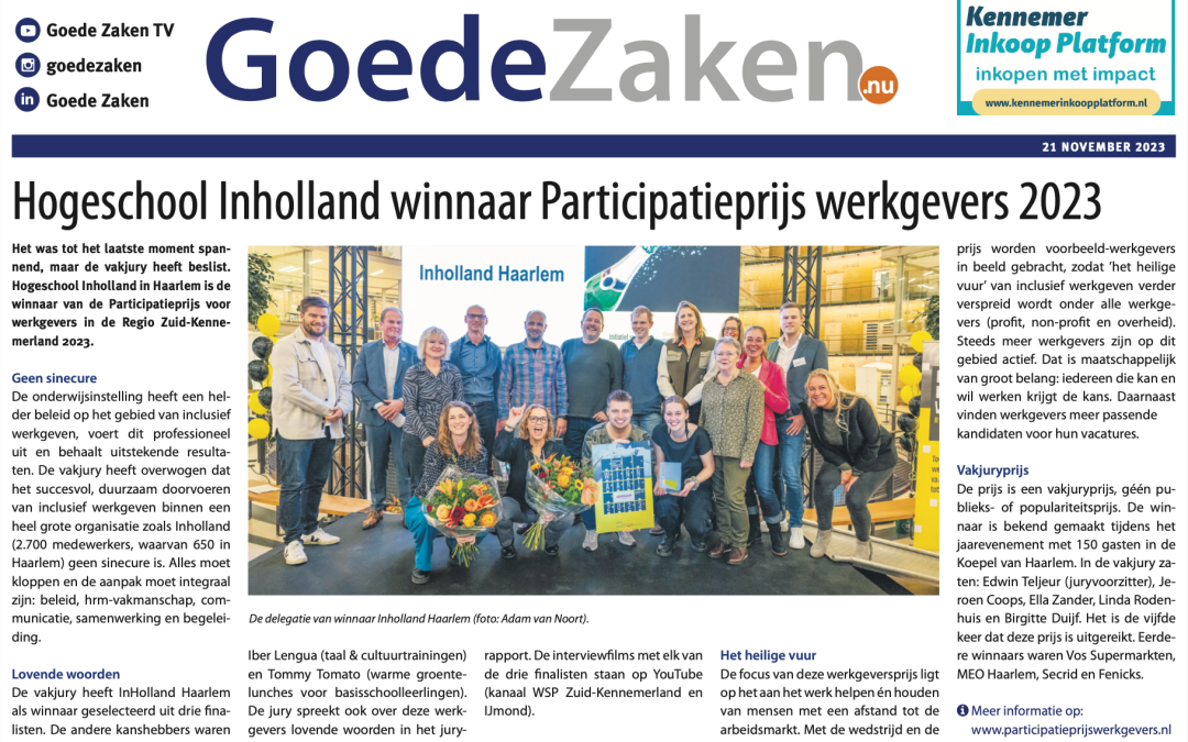 Hogeschool Inholland winnaar in Goede Zaken